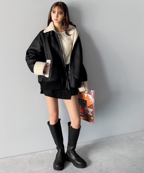 【Classical Origin】「ずっしりかっこいい。」2way襟ボア切り替えフェイクレザージャケット／2way Boa Collar Faux Leather Jacket co1150081