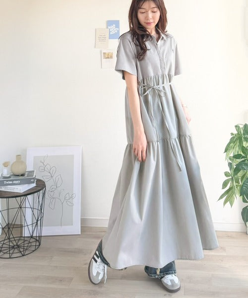 異素材ミックスが目を惹く。胸刺繍ポロ衿布帛切り替えカットティアードワンピース（半袖） ce1020350