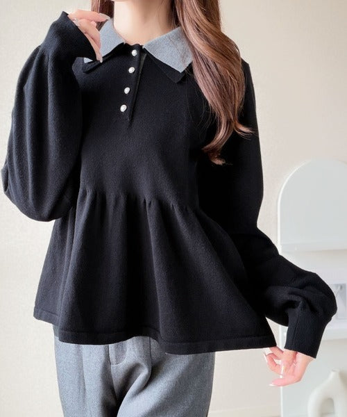 【mily bilet】衿でときめき、裾で華やぐ。パール調ボタン配色ダブルカラーペプラムニット（長袖） mi1359072