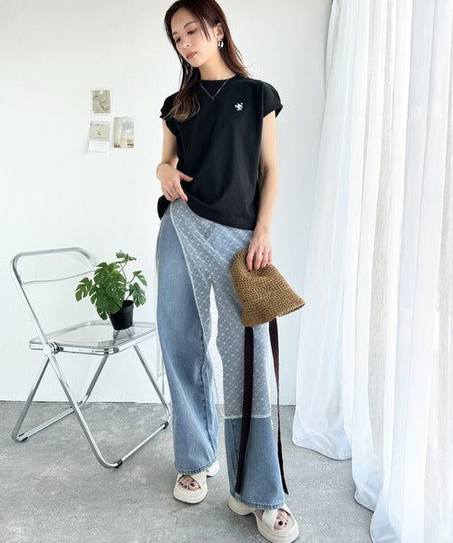 大人女子の上品ベーシック。綿100％シルケットモックネックフレンチTシャツ(刺繍) ce1260395