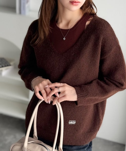 【mily bilet】洗練されたレイヤードスタイル！プレート使い異素材ニットレイヤードオフショル見せアンサンブルニット mi1029143