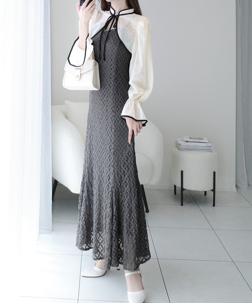 【mily bilet】トレンドをかわいく楽しんで♪パイピング配色シアーボレロセットアップ花柄レースキャミワンピース mi1139083