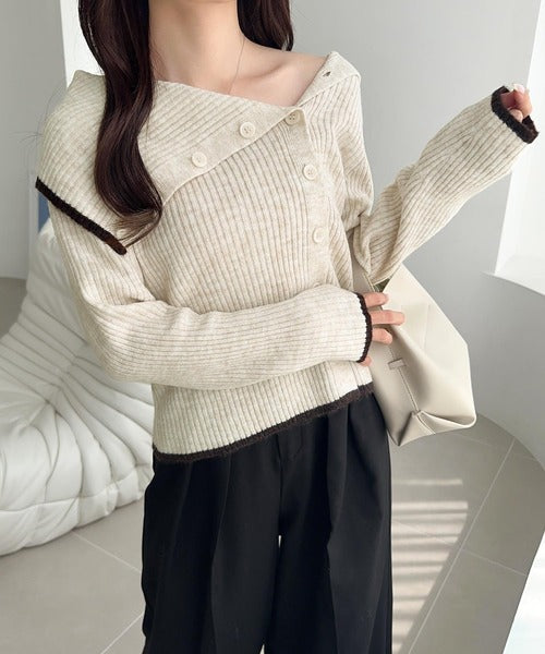 【mily bilet】ワザありカラーで華やかさをプラス◎アシンメトリーカラー見せ裾配色多ボタンニット mi1329059