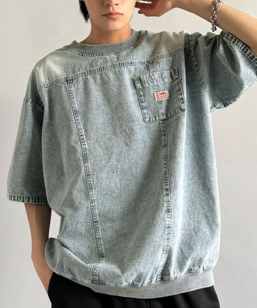 《JaVaジャバコラボ》綿100％ヴィンテージ加工アウターデニムTシャツ jo1010007