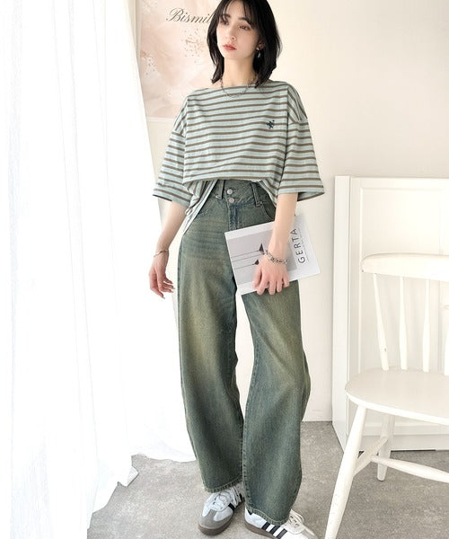 【sustaina+】ラフにキマる大人スタイル。オーガニックコットン100%オーバーサイズパネルボーダーTシャツ(半袖) ce1260324