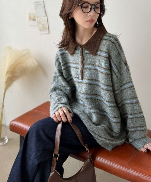 メンズライクに女子っぽさを。胸刺繍ブークレ配色ボーダーニットポロ（長袖） ce1240142