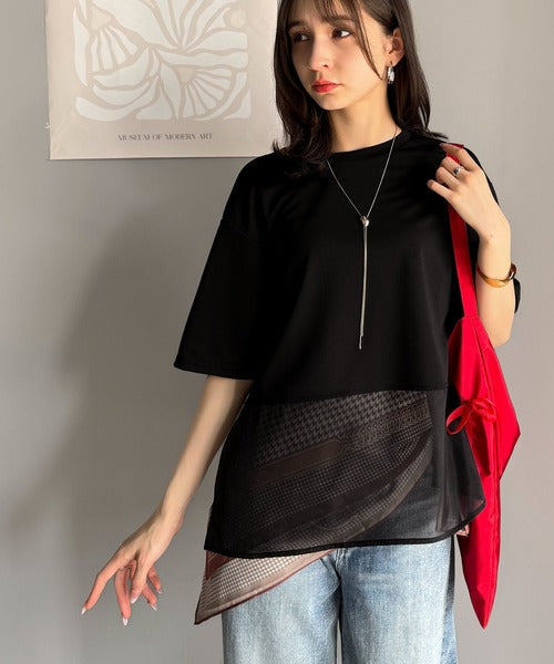 春夏に涼しさ引き立てる透け感が◎裾シアー切り替えライトダンボール半袖Tシャツ ce1110116