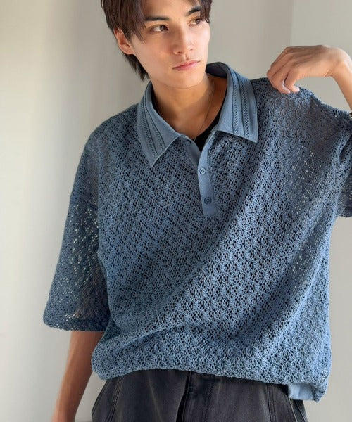 「透け感、モードの余韻。」衿ダブルライン使いレース柄ニットポロシャツ/Lace Detail Knit Polo Shirt co1010010