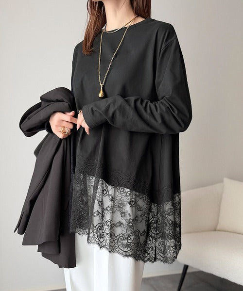 大人のきれいめカジュアル、体型も美しくカバー。裾レースカットソードッキングTシャツ（長袖） ce1020364