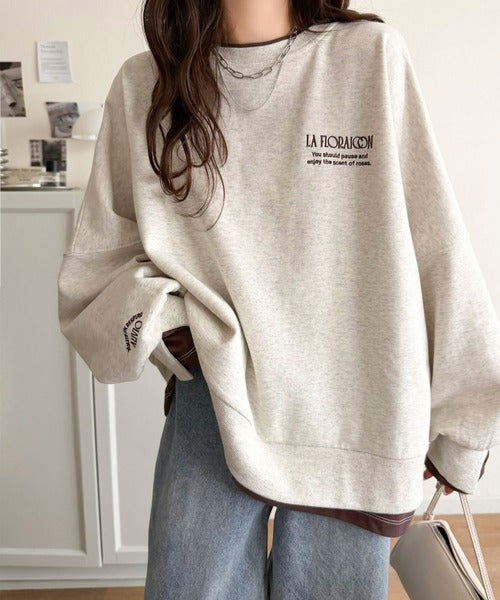 《JaVaジャバコラボ》着るだけでレイヤード上級者！配色刺繍レイヤード風オーバーサイズ裏起毛プルオーバー jv1050390