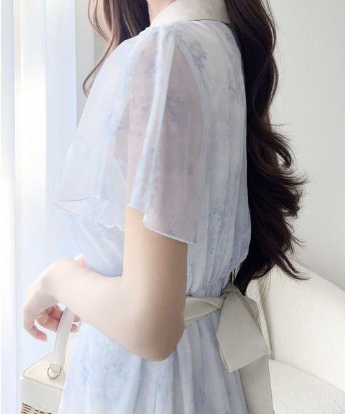 【mily bilet】夏を涼む相棒ワンピ♪水彩フラワーが上品。シアーフローラル バックリボンワンピース (長袖) (ロング) mi1139101