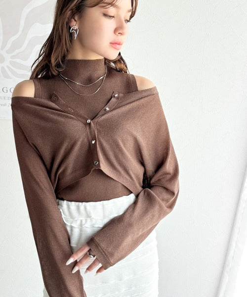 【mily bilet】上品さと可愛らしさを兼ね備えた、オフショル２WAYラメシアーニットアンサンブル（カーディガンセット） mi1029105