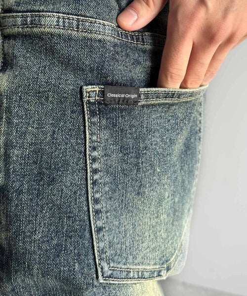 【Classical Origin】「スタイル盛れる。」ブラスト＆裾フリンジ加工ストレッチ素材スリムフレアデニムパンツ／Blasted & Fringed Stretch Slim Flare Denim Pants co0900008