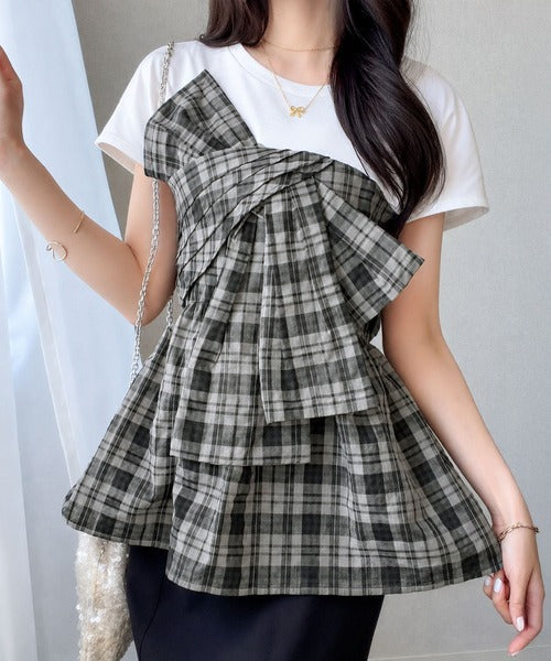 【mily bilet】忙しい朝も悩まない、初夏の一軍トップス。リボンビスチェドッキングTシャツ (半袖) mi1019145
