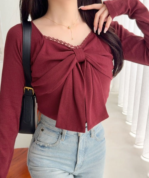 【mily bilet】一枚でときめく、主役級ビッグリボン×繊細レースで大人ガーリーに♪リボンレーストップス（長袖） mi1019160