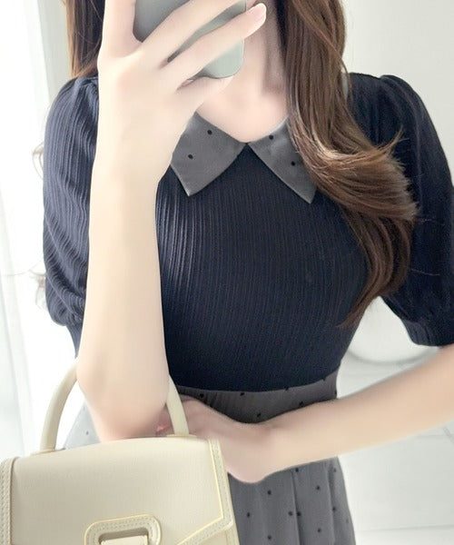 【mily bilet】待望の半袖ver.登場！ドット柄配色切り替えドッキングワンピース（ロング丈） mi1139108