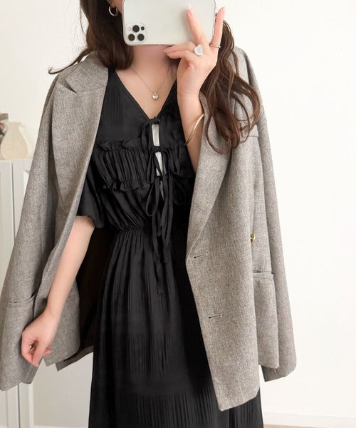 【mily bilet】1枚で華やぐ♪揺れ感シアーフリルリボンプリーツロングワンピース mi1019134