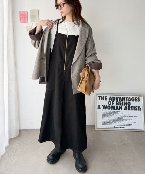 《JaVaジャバ コラボ》大人のこなれアイテム。ポケットデザインハーフジップジャンパースカート（デニム&カツラギ素材） jv1400010