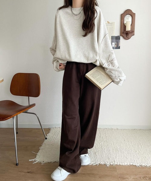袖に遊び心を忍ばせたラク可愛い一枚♪袖ネコ刺繍裏起毛PO ce1050327