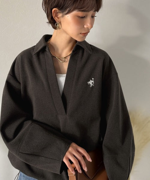 【Classical Evon】優しい温もり、上品見え。圧縮ニット襟付きキーネックプルオーバー ev1110143