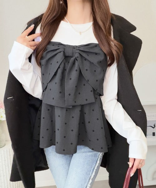 【mily bilet】心ときめく、ビッグリボン♪フロントリボン ドッキング長袖Tシャツ mi1269019