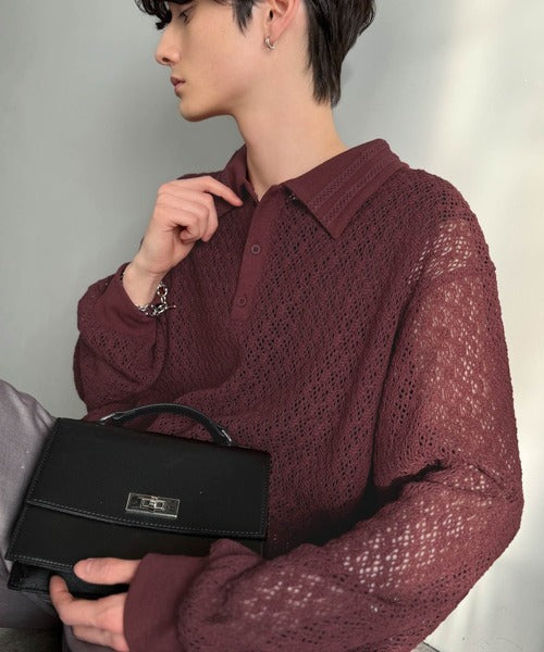 「透け感、モードの余韻。」衿ダブルライン使いレース柄ニットポロシャツ／Double-Line Collar Lace Pattern Knit Polo Shirt co1010049