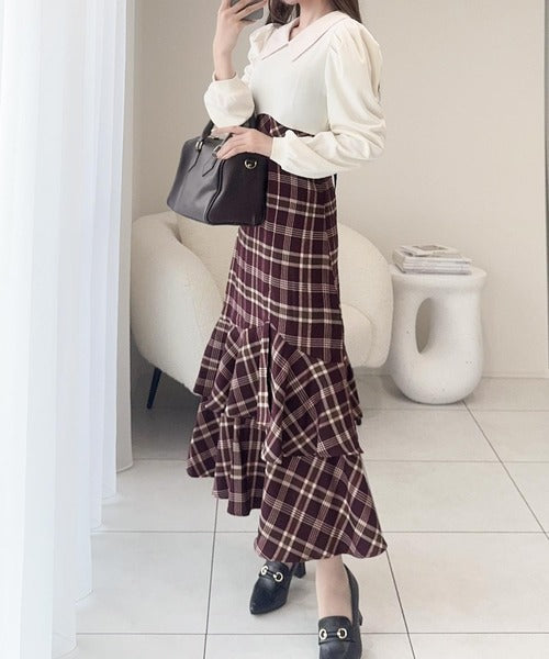 【mily bilet】愛され要素がぎゅっと盛り♪シャツ襟チェックアシメフリルドッキングロングワンピース（長袖） mi1139088