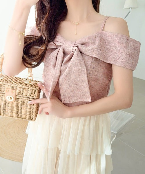 【mily bilet】一枚に大人可愛いを凝縮。リボンデザイントップス×チュールスカートドッキングキャミワンピース (ロング丈) mi1139113