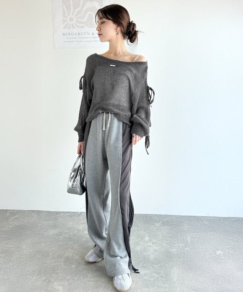 【mily bilet】大人のきらめき。プレートデザイン透かし編み袖リボンラメニット(ワンオフショル2way) mi1259009