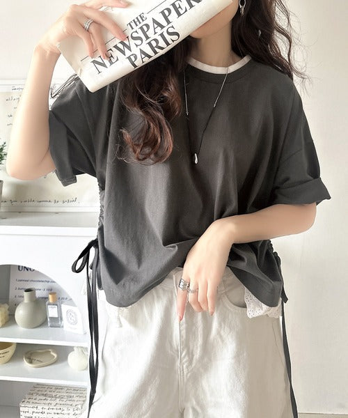 体型カバーも叶う！重ね着風で即こなれ感♪ レイヤード風サイドドロスト裾 綿100％レースビッグTシャツ ce1010463