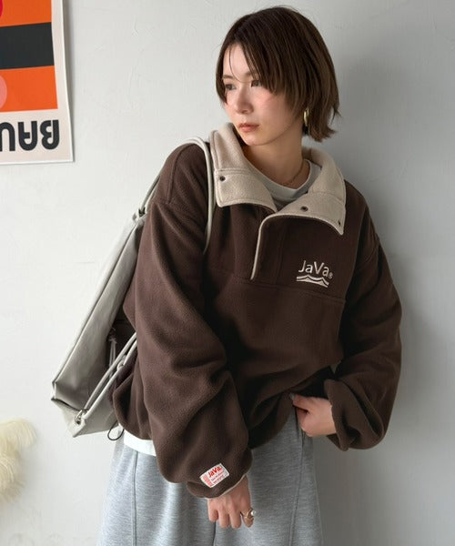 《JaVaジャバコラボ》ふんわり暖か。軽量配色フリースハーフジッププルオーバー（オーバーサイズ） jv1240141