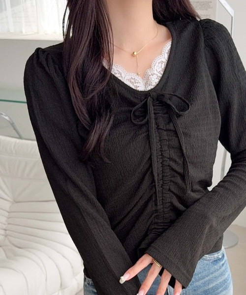 【mily bilet】レース×シャーリングで、甘さをひとさじ。レースドッキングパフスリーブジャガードトップス（長袖） mi1359080