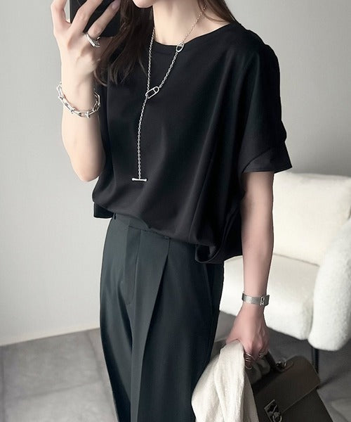 大人の女性を魅力的に引き立てる。袖口シアー切り替え 半袖 Tシャツ ce1110095