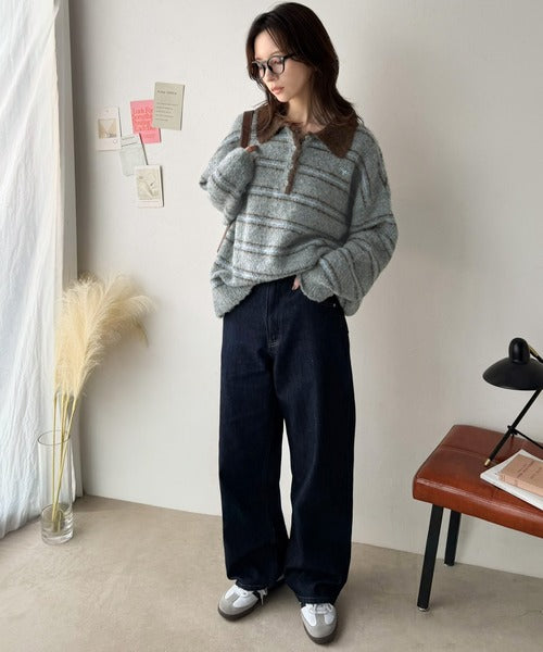 メンズライクに女子っぽさを。胸刺繍ブークレ配色ボーダーニットポロ（長袖） ce1240142