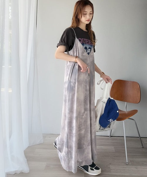 そよ風シフォン♪ふわり柔らかシルエットで“涼”を着回す。前後2wayチュールレイヤードロングキャミワンピース（ブラック＆マーブル柄） ce1240090