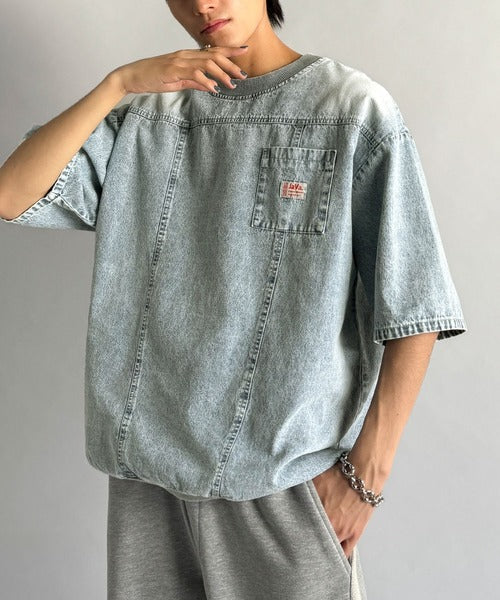《JaVaジャバコラボ》綿100％ヴィンテージ加工アウターデニムTシャツ jo1010007