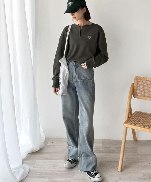 洒落感アップのこなれT。胸刺繍ワッフルオーバーサイズキーネックロンT（長袖） ce1260496