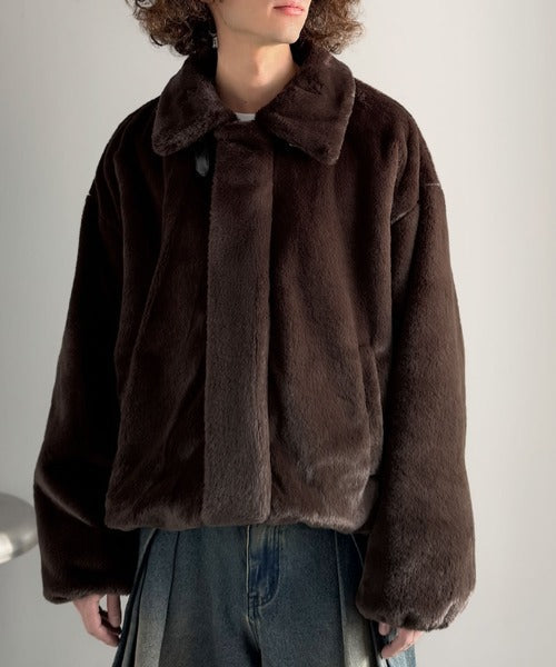 【Classical Origin】「3wayアレンジ可能。」ベルト襟フェイクファー素材ジャケット／Belted Collar Faux Fur Jacket co1150080