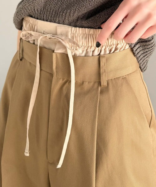 上品なシルエットの優秀パンツ♪Wベルト異素材スラックスワイドパンツ ce0940219