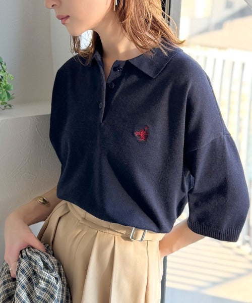 抜け感のあるゆったりシルエット。胸刺繍で上品さをプラス♪胸刺繍ルーズポロニットプルオーバー(半袖) ce1240115
