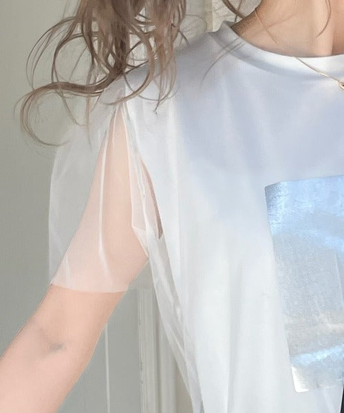 【mily bilet】1枚で上級お洒落style。チュール重ね着風シルバー箔プリントTシャツ mi1149050
