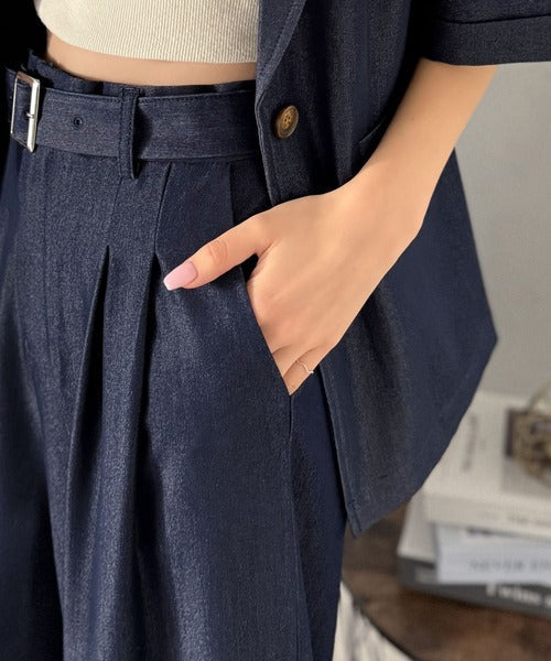 【mily bilet】【速乾機能・接触冷感機能付き】ほのかな光沢と落ち感で美脚見え。ベルト付きハイウエストデニムスラックスパンツ(セットアップ可能) mi1329067