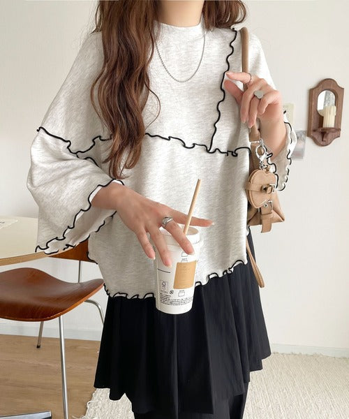 Tシャツより可愛く、スウェットより軽やか♪5分袖メロウ切替裏毛トップス ce1020310