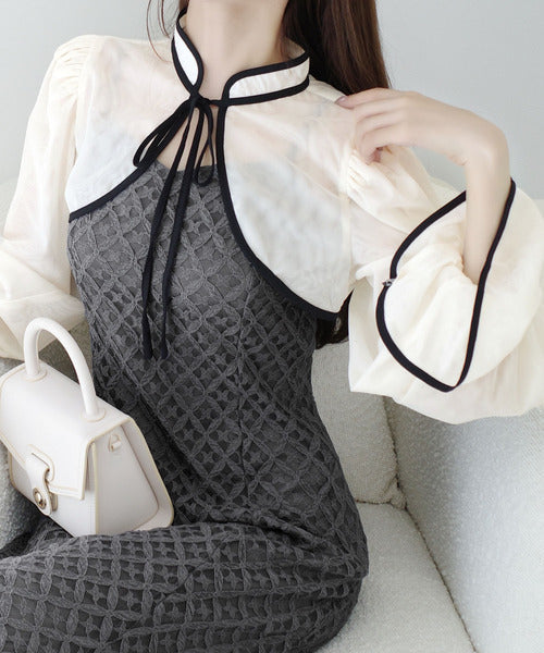 【mily bilet】トレンドをかわいく楽しんで♪パイピング配色シアーボレロセットアップ花柄レースキャミワンピース mi1139083