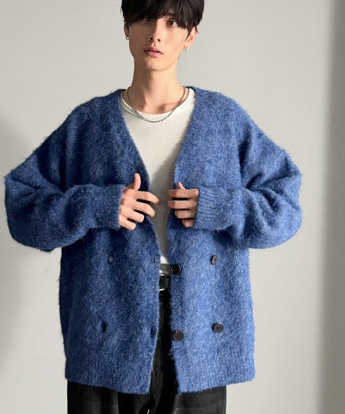 【Classical Origin】「アートな1着。」ミックスシャギー素材ダブルテーラードニットカーディガン／Mixed Shaggy Double-Tailored Knit Cardigan co0780011