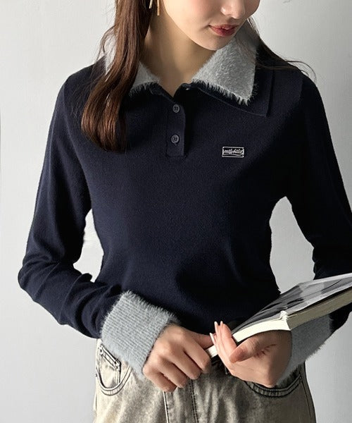 【mily bilet】上品とカジュアルを叶える、大人コーデが即完成。ファー使いダブル襟ロゴプレートニットポロ(長袖) mi1029150