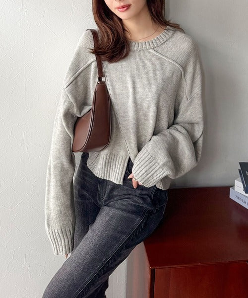 【mily bilet】ゆるっとシルエットが魅せる、大人の余裕。前後２WAYフロント切り替えニットプルオーバー（長袖） mi1329046