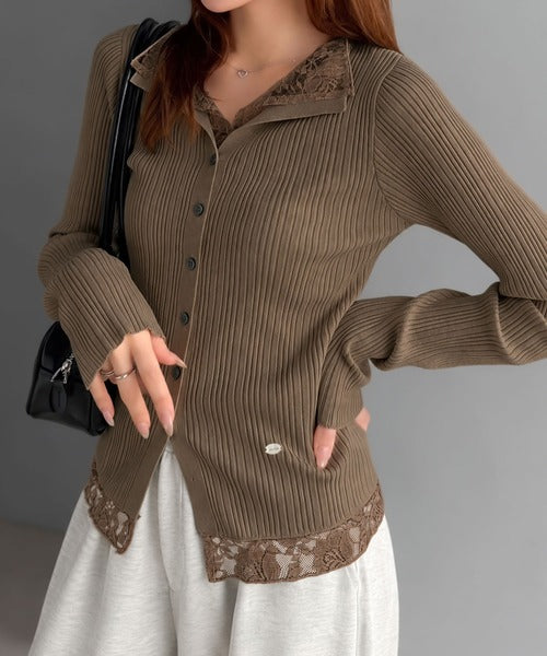 【mily bilet】顔周り、可愛く盛れちゃう！レースドッキング ランダムリブニット トップス(長袖） mi1359074