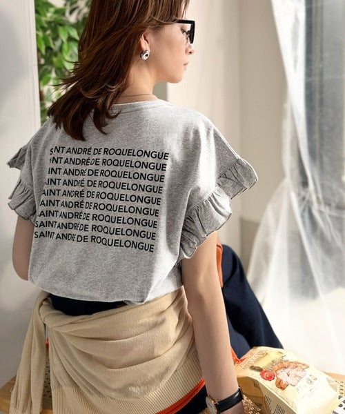 《JaVaジャバコラボ》着るだけで主役級。綿100％バック箔プリント袖フリルTシャツ（半袖） jv1330104