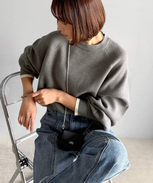《JaVaジャバコラボ》こなれ感と快適さを両立◎サムホール付き袖リブ配色スウェットライクニット（長袖） jv1380009